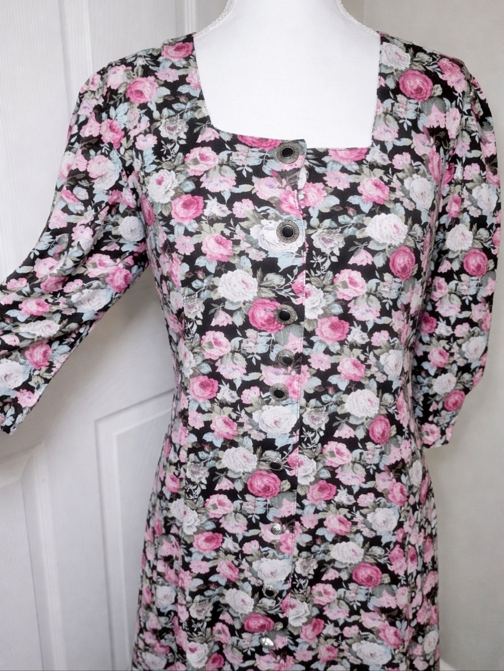 Vintage 90s D.B.Y Floral Midi Dress Black Pink Roses Square Neck Cottagecore Rom - Picture 3 of 10